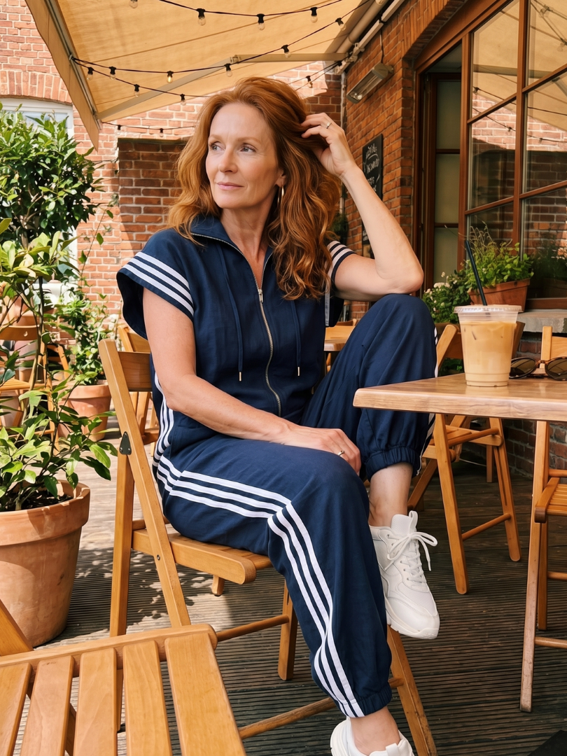 Lark | Jumpsuit s krátkými rukávy, zipem a bočními pruhovanými panely