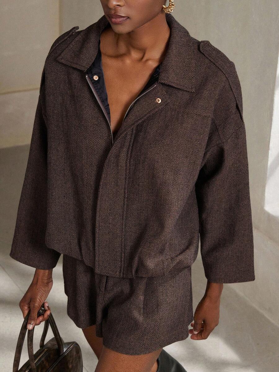 Aveloria Modichic 2-delige damesset s vleermuismouwen en visgraatmotief a bomberjack a šortky