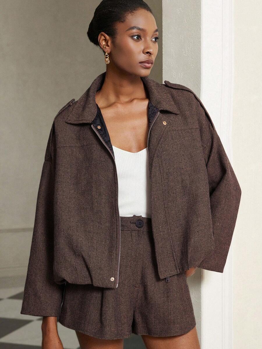 Aveloria Modichic 2-delige damesset s vleermuismouwen en visgraatmotief a bomberjack a šortky