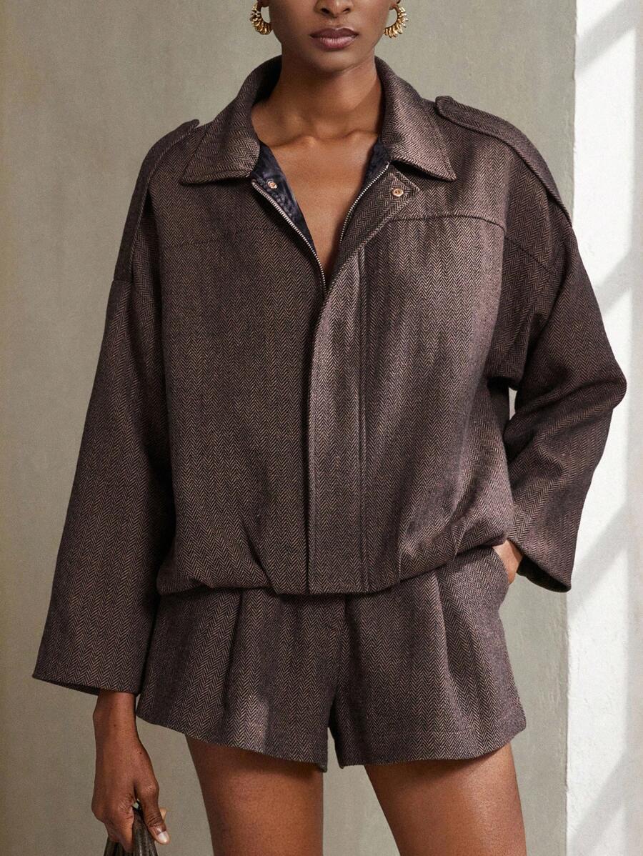 Aveloria Modichic 2-delige damesset s vleermuismouwen en visgraatmotief a bomberjack a šortky