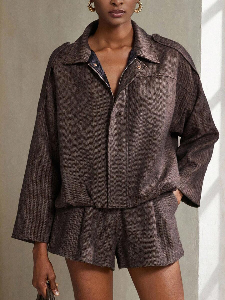 Aveloria Modichic 2-delige damesset s vleermuismouwen en visgraatmotief a bomberjack a šortky