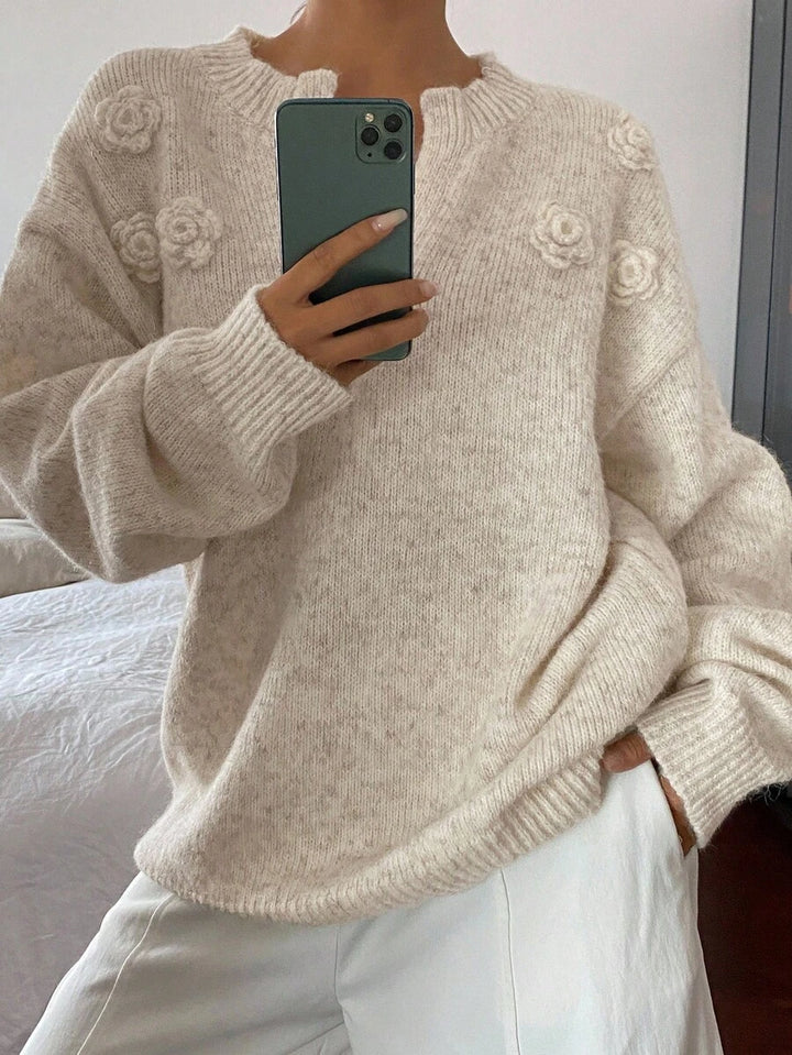 DAZY Dames 3D bloemendecor V-hals losse ležérní elegantní svetr trui herfst/winter