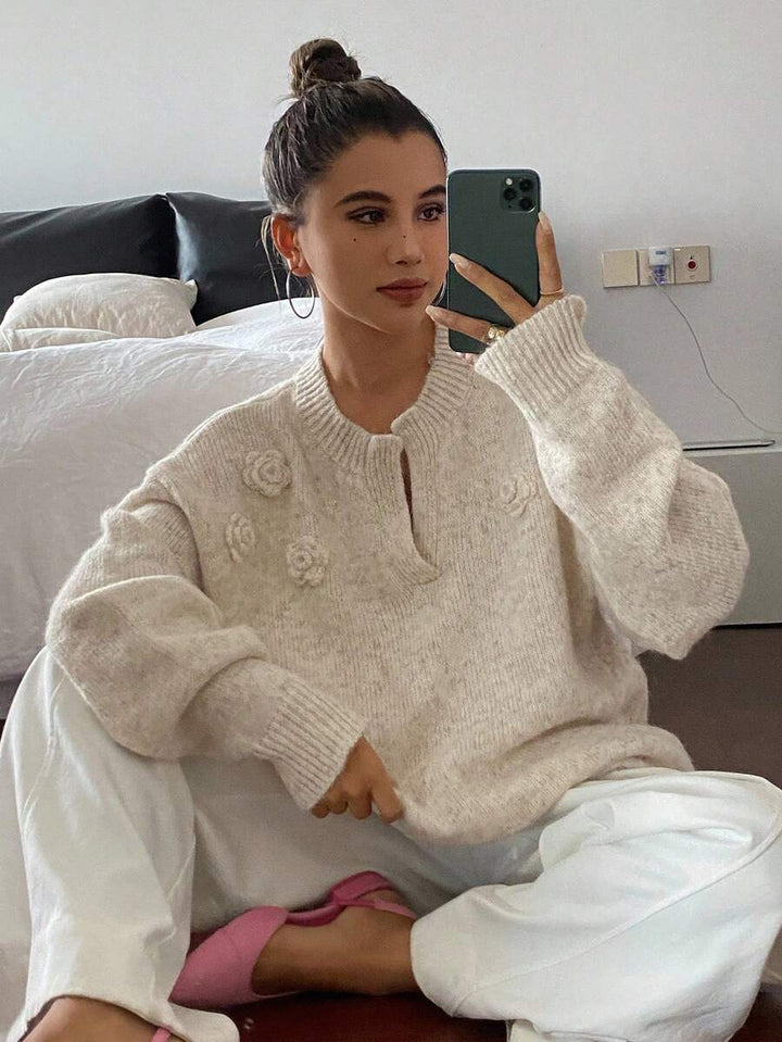 DAZY Dames 3D bloemendecor V-hals losse ležérní elegantní svetr trui herfst/winter