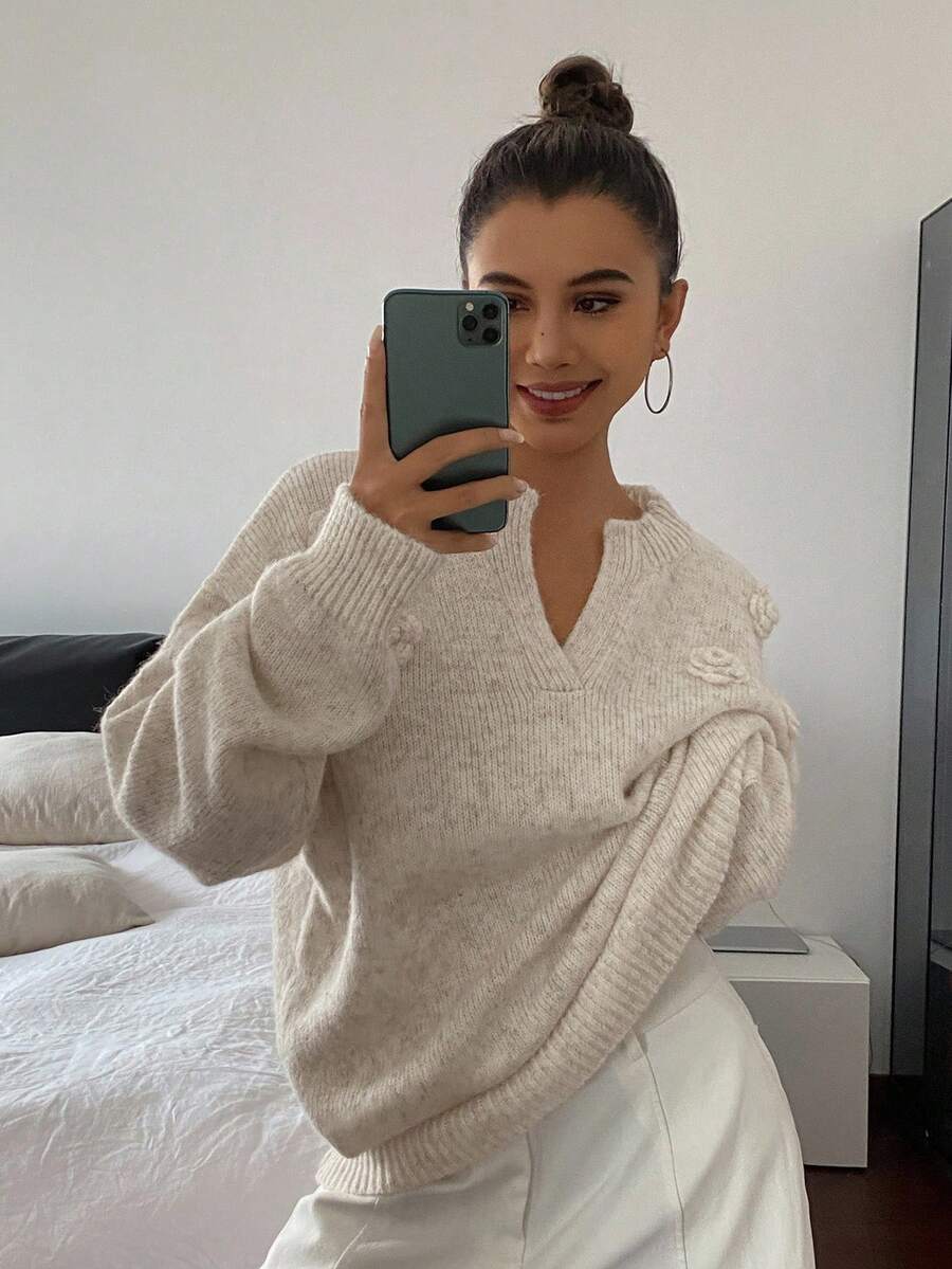 DAZY Dames 3D bloemendecor V-hals losse ležérní elegantní svetr trui herfst/winter