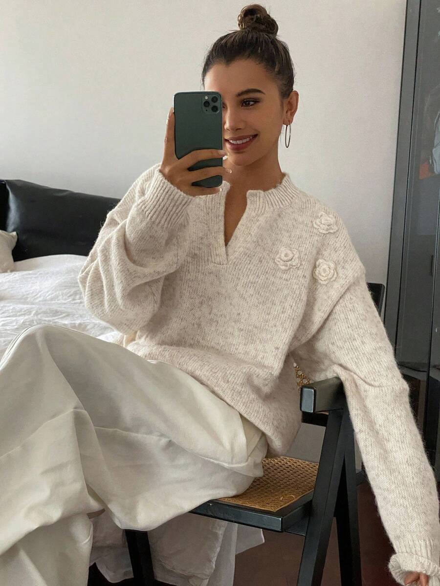 DAZY Dames 3D bloemendecor V-hals losse ležérní elegantní svetr trui herfst/winter