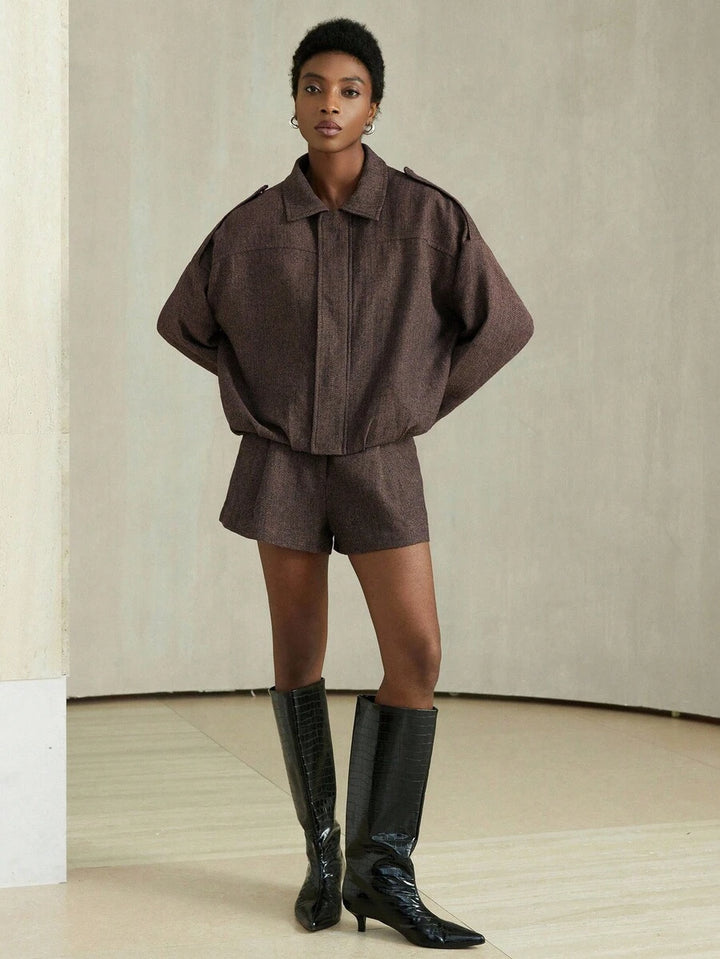 Aveloria Modichic 2-delige damesset s vleermuismouwen en visgraatmotief a bomberjack a šortky