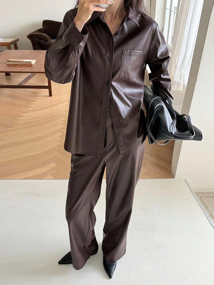 DAZY Dames effen PU leren lange mouwen enkelrijsjas en broek ležérní set van 2 stuks, herfst