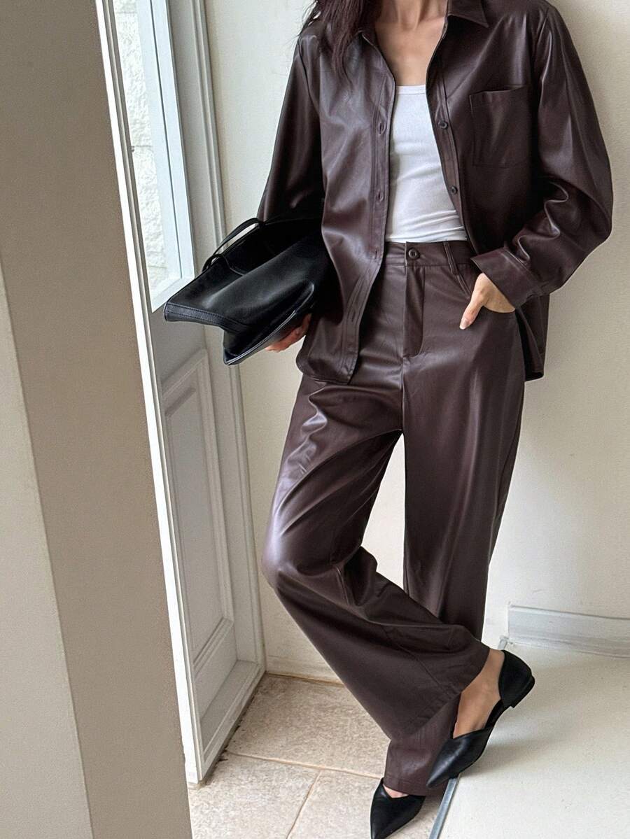 DAZY Dames effen PU leren lange mouwen enkelrijsjas en broek ležérní set van 2 stuks, herfst