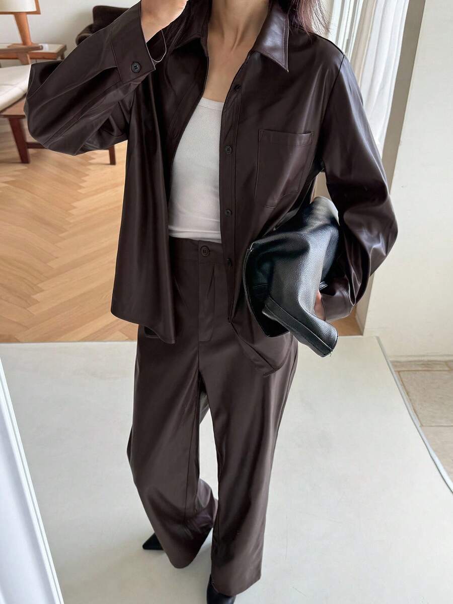 DAZY Dames effen PU leren lange mouwen enkelrijsjas en broek ležérní set van 2 stuks, herfst