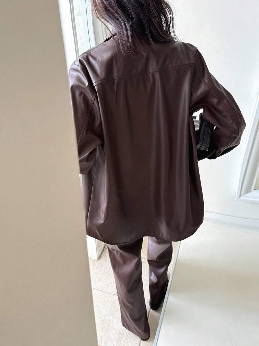 DAZY Dames effen PU leren lange mouwen enkelrijsjas en broek ležérní set van 2 stuks, herfst