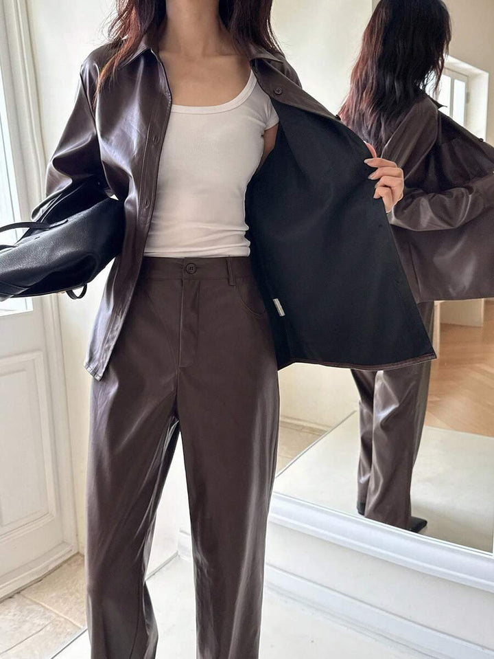DAZY Dames effen PU leren lange mouwen enkelrijsjas en broek ležérní set van 2 stuks, herfst