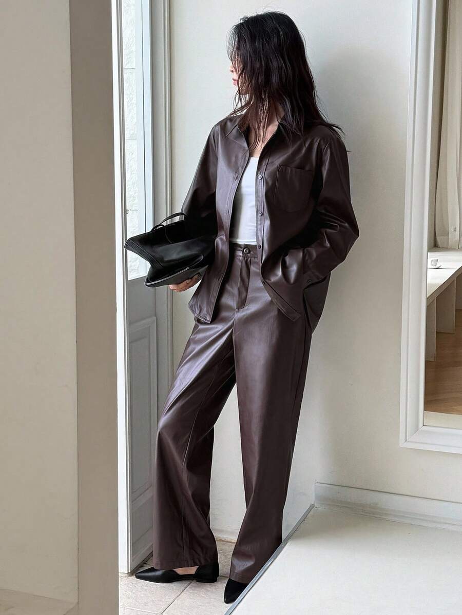 DAZY Dames effen PU leren lange mouwen enkelrijsjas en broek ležérní set van 2 stuks, herfst