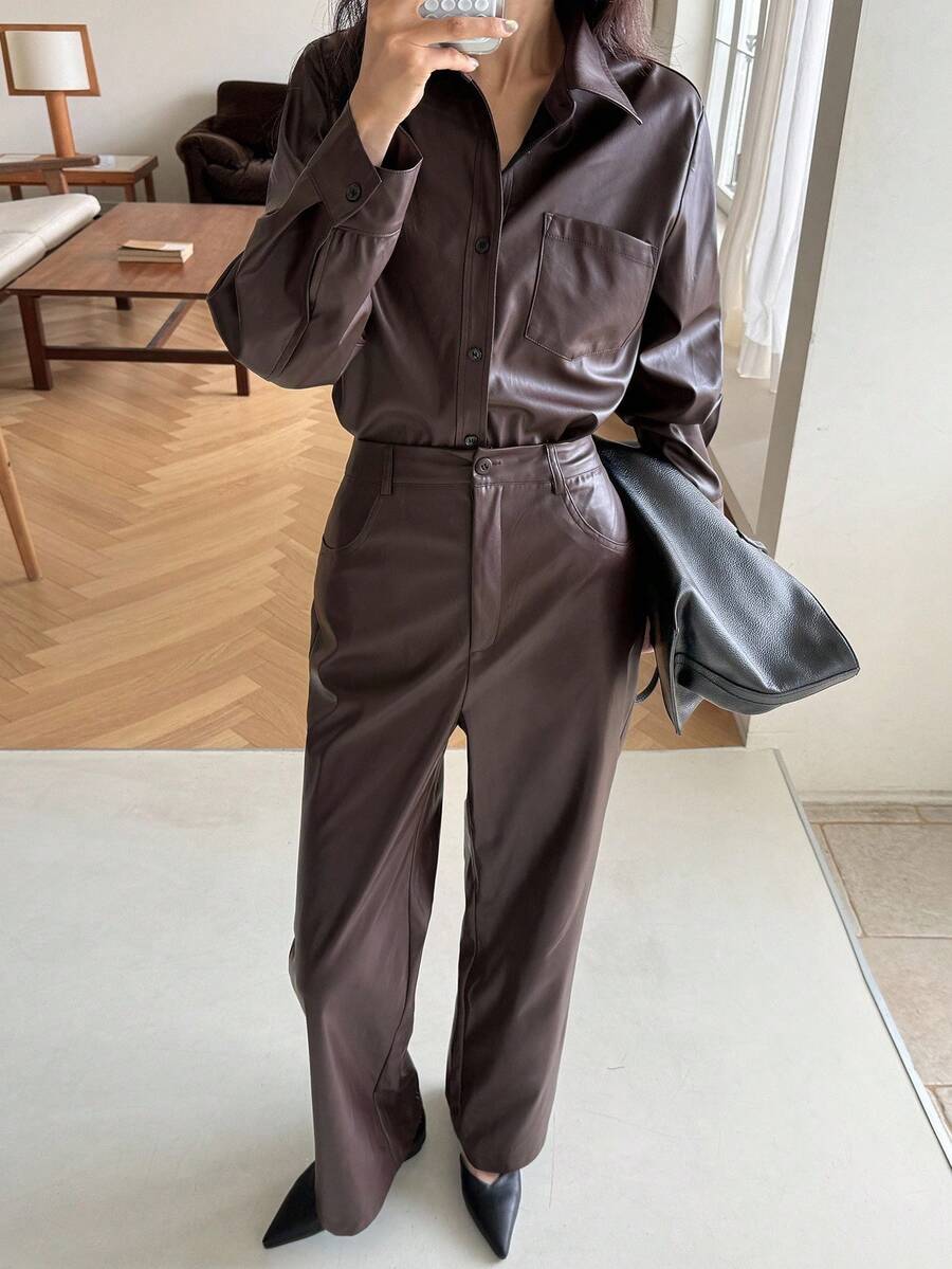 DAZY Dames effen PU leren lange mouwen enkelrijsjas en broek ležérní set van 2 stuks, herfst