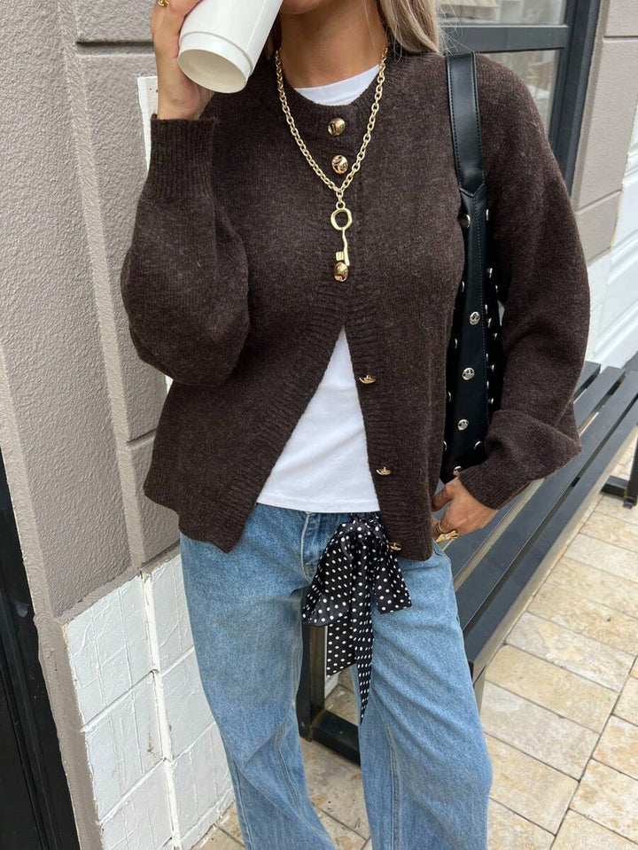 Emma – Brown Knit Cardigan with Gold Buttons