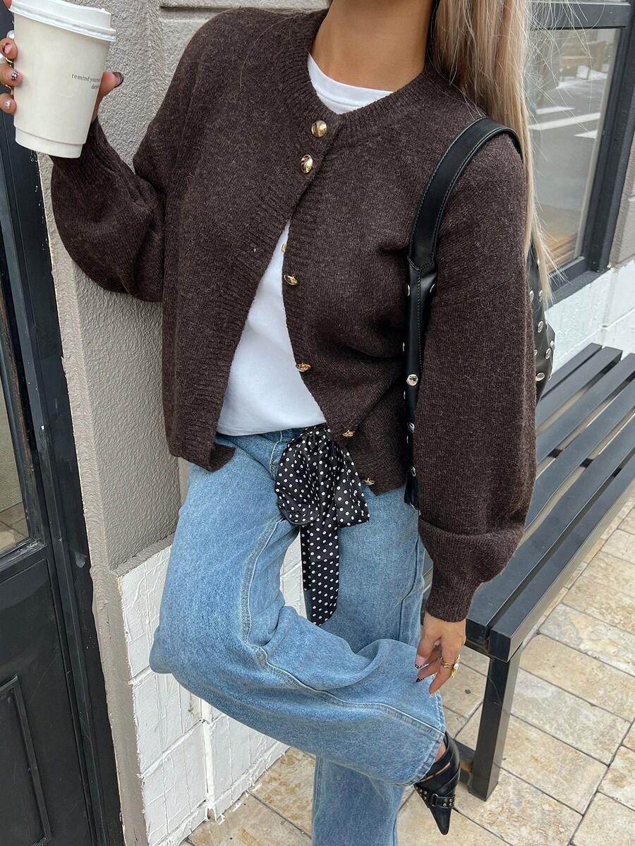 Emma – Brown Knit Cardigan with Gold Buttons