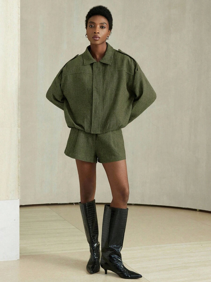 Aveloria Modichic 2-delige damesset s vleermuismouwen en visgraatmotief a bomberjack a šortky