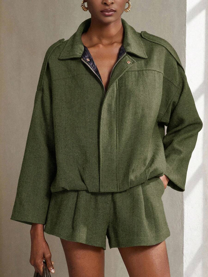 Aveloria Modichic 2-delige damesset s vleermuismouwen en visgraatmotief a bomberjack a šortky