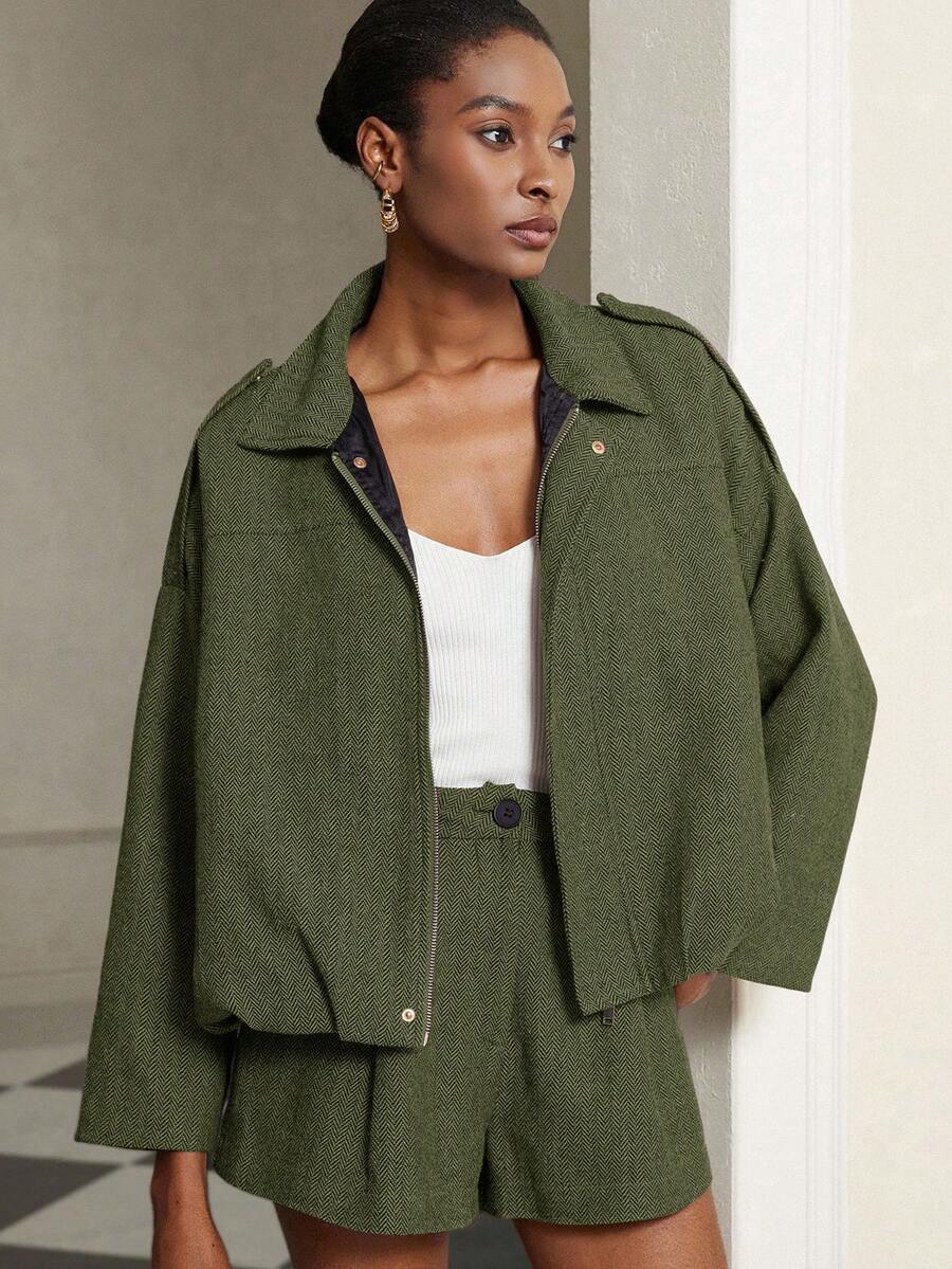 Aveloria Modichic 2-delige damesset s vleermuismouwen en visgraatmotief a bomberjack a šortky