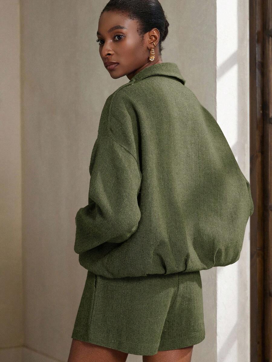 Aveloria Modichic 2-delige damesset s vleermuismouwen en visgraatmotief a bomberjack a šortky