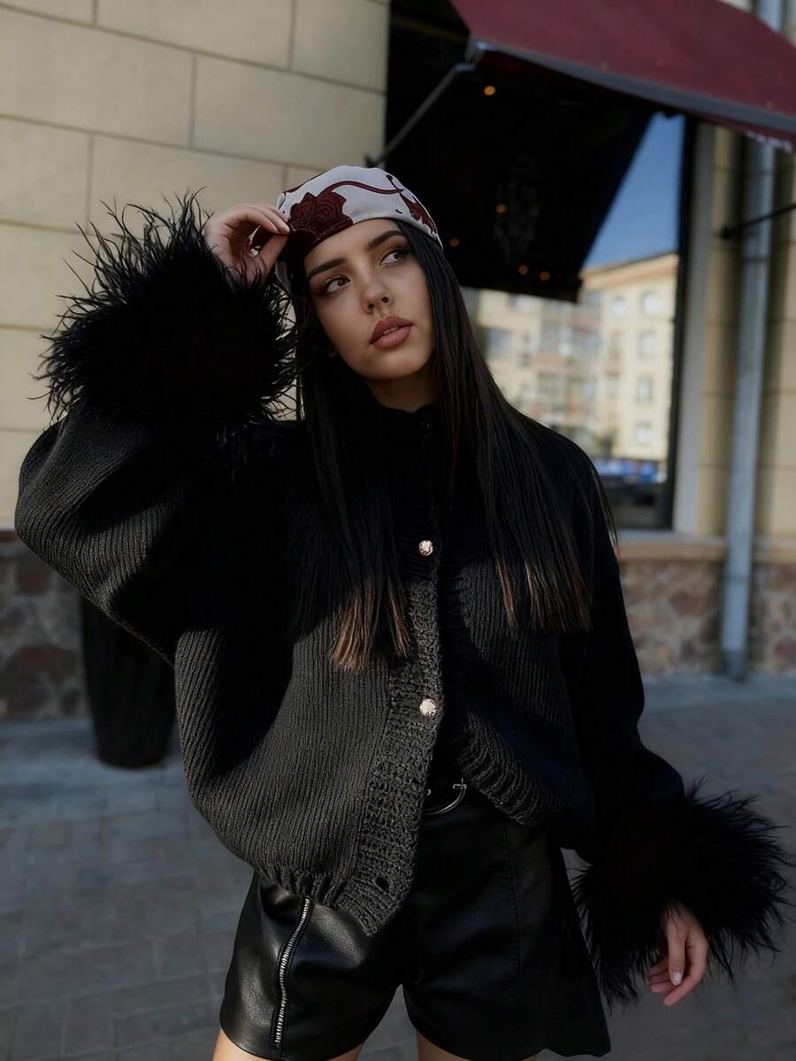 Margaret - Pletený kardigan s peřím 