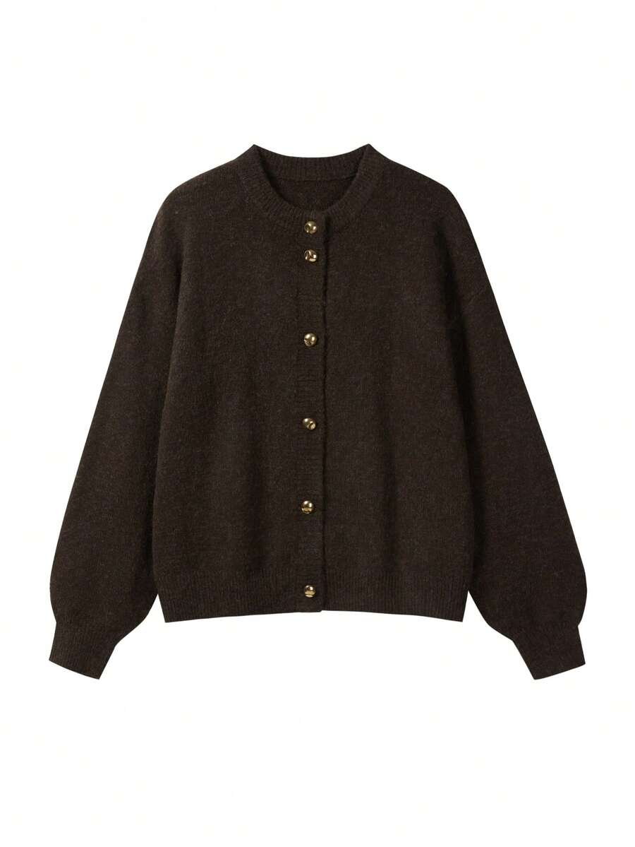 Emma – Brown Knit Cardigan with Gold Buttons