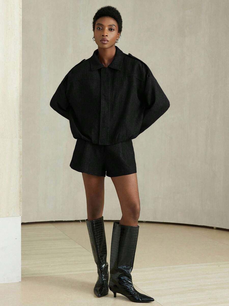 Aveloria Modichic 2-delige damesset s vleermuismouwen en visgraatmotief a bomberjack a šortky