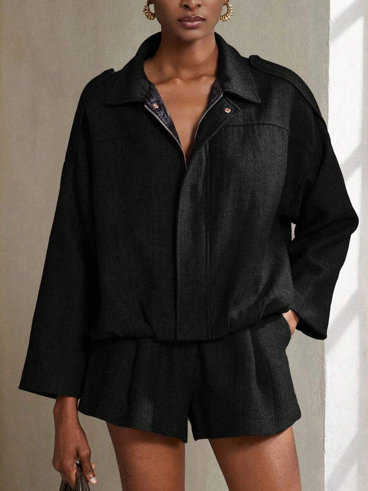 Aveloria Modichic 2-delige damesset s vleermuismouwen en visgraatmotief a bomberjack a šortky