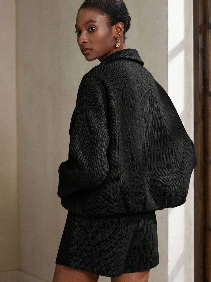 Aveloria Modichic 2-delige damesset s vleermuismouwen en visgraatmotief a bomberjack a šortky