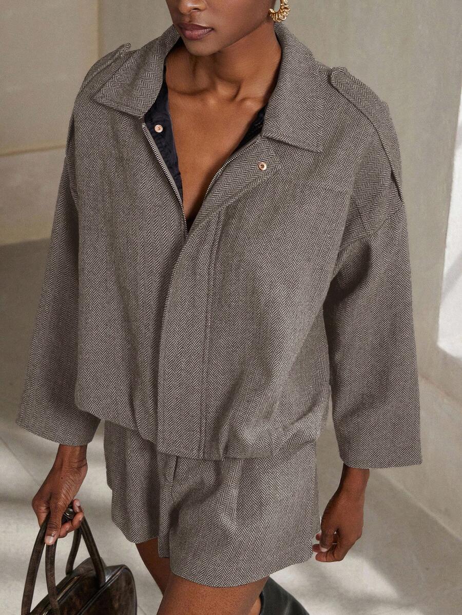 Aveloria Modichic 2-delige damesset s vleermuismouwen en visgraatmotief a bomberjack a šortky