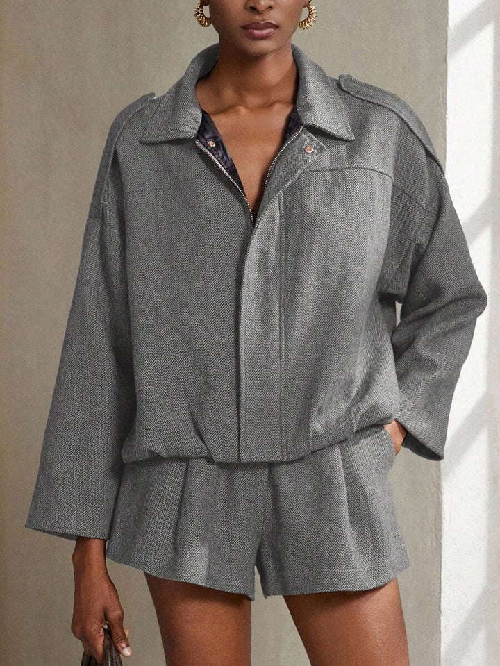 Aveloria Modichic 2-delige damesset s vleermuismouwen en visgraatmotief a bomberjack a šortky