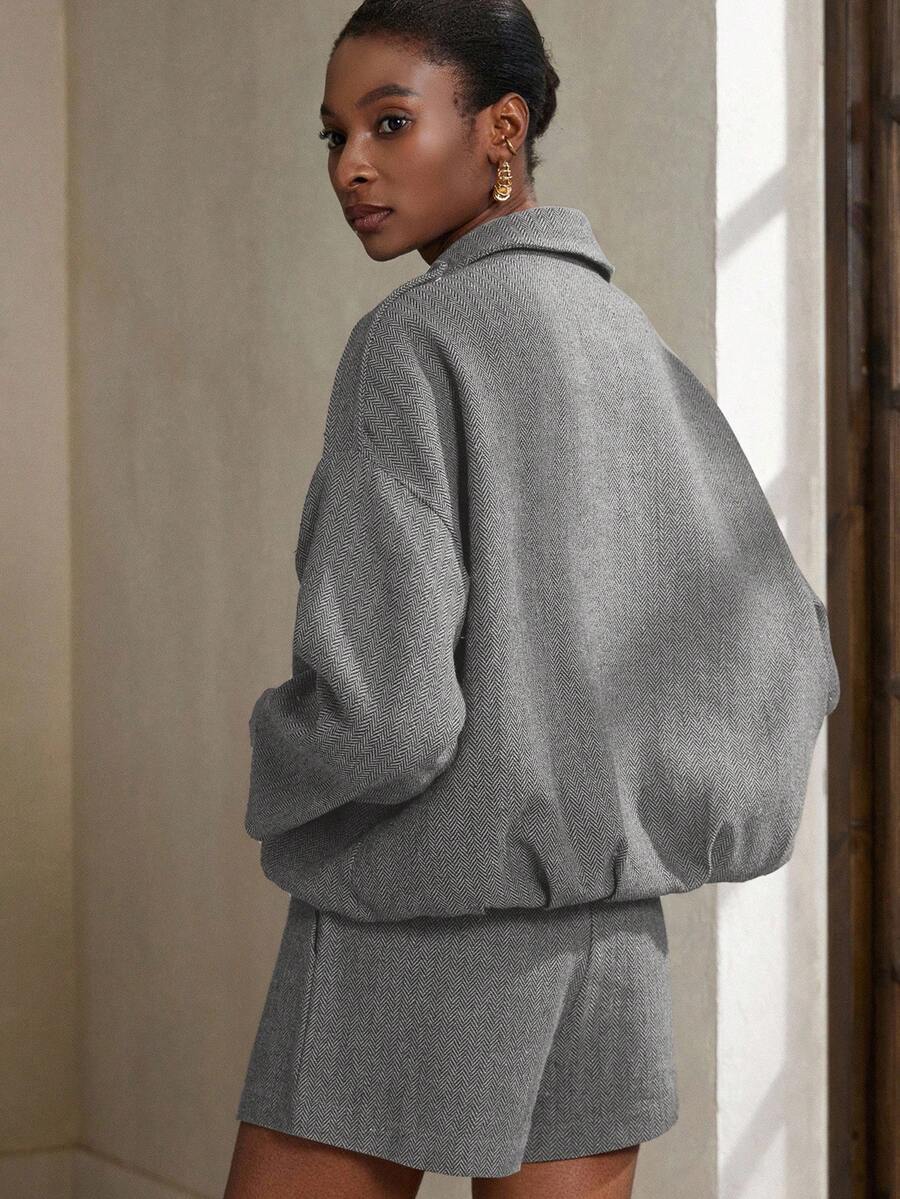 Aveloria Modichic 2-delige damesset s vleermuismouwen en visgraatmotief a bomberjack a šortky