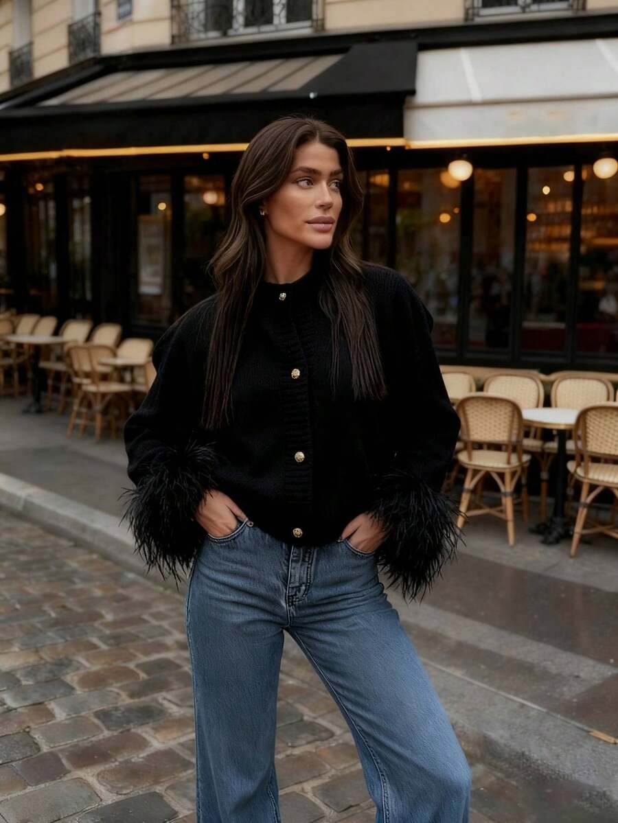 Margaret - Pletený kardigan s peřím 