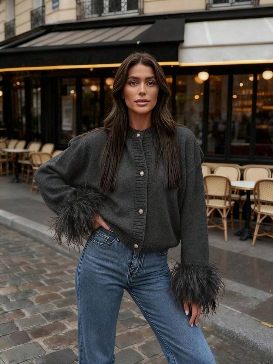 Margaret - Pletený kardigan s peřím 
