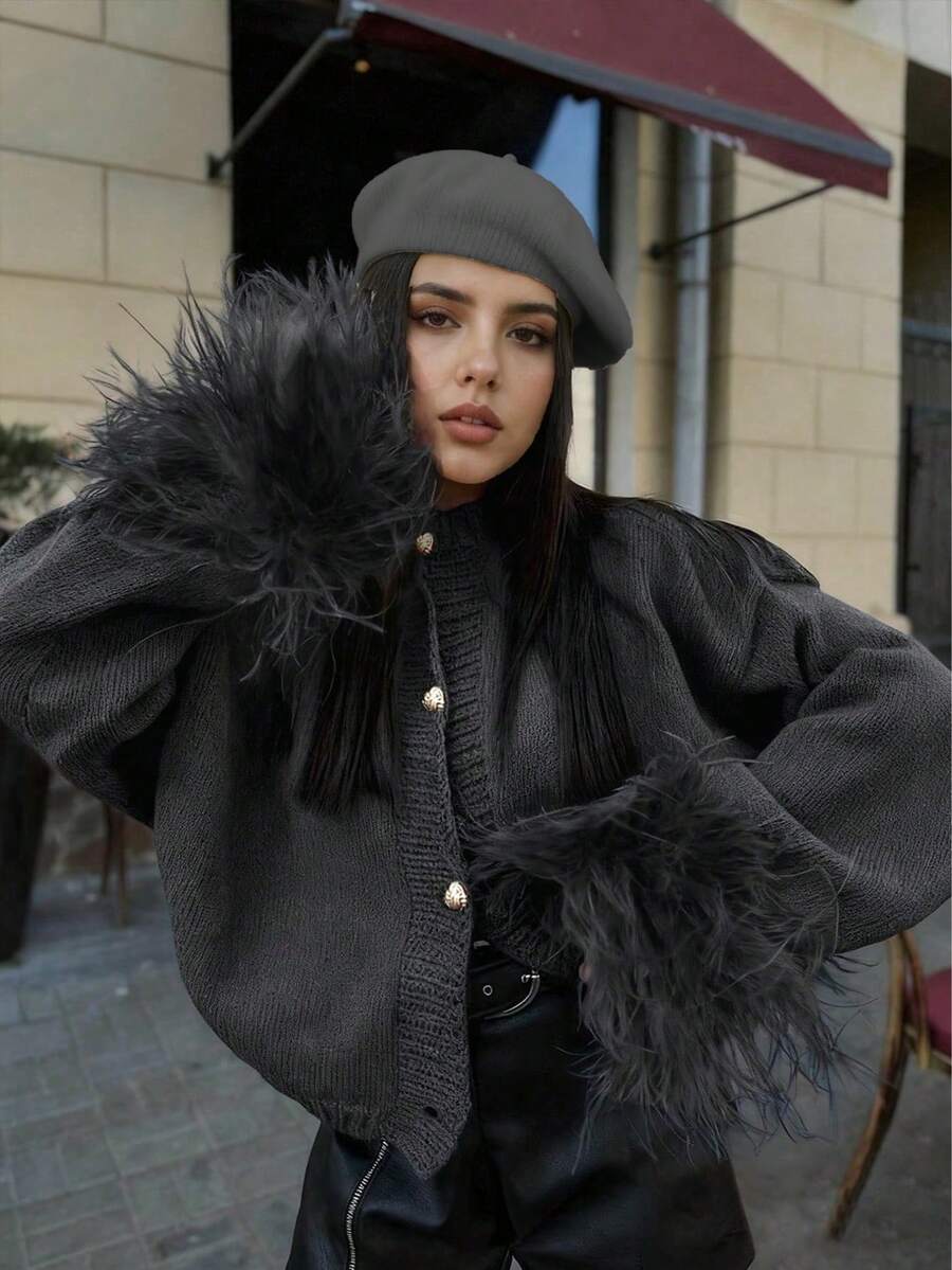 Margaret - Pletený kardigan s peřím 