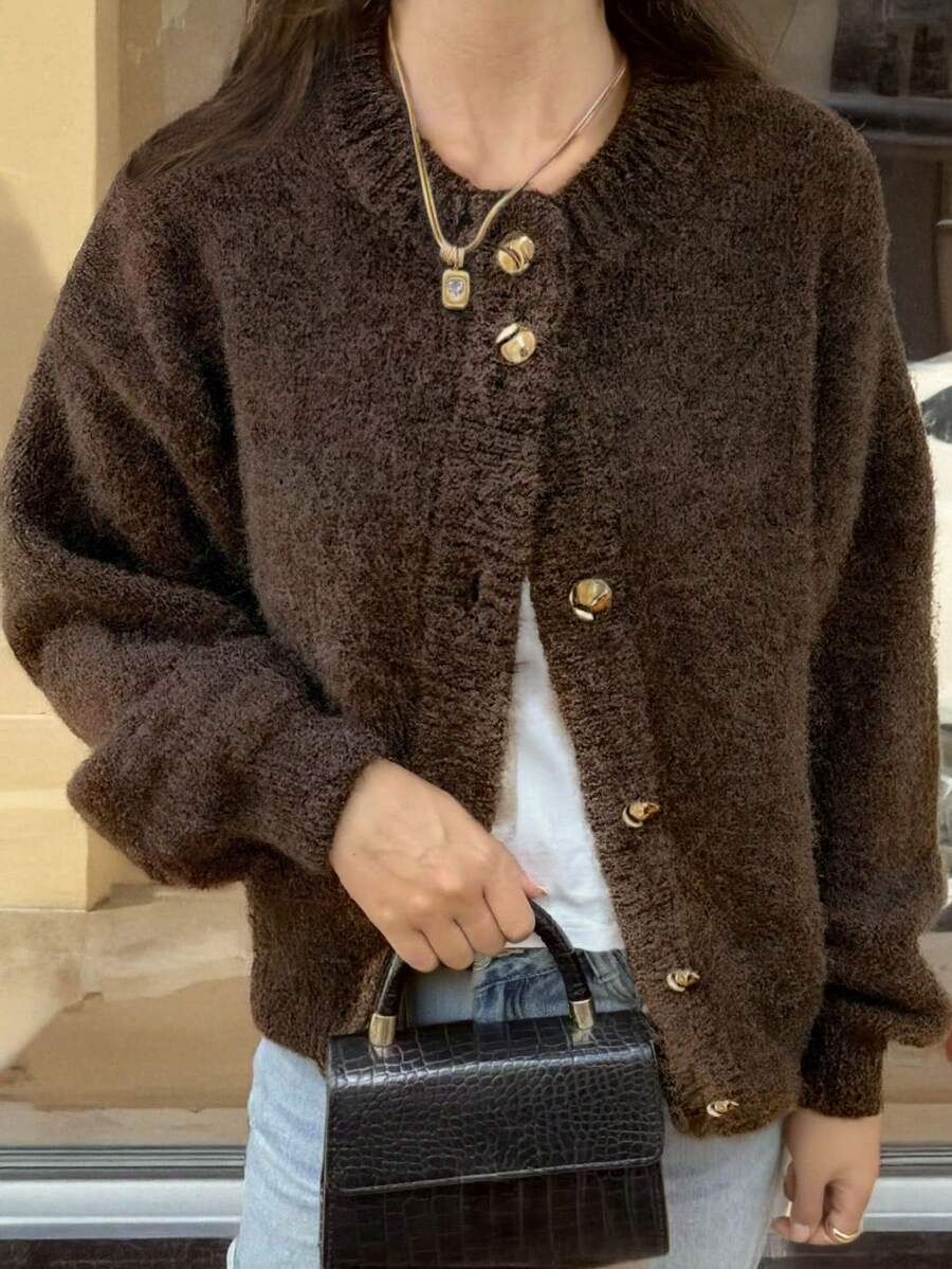 Emma – Brown Knit Cardigan with Gold Buttons