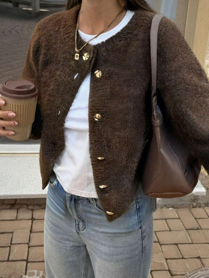 Emma – Brown Knit Cardigan with Gold Buttons