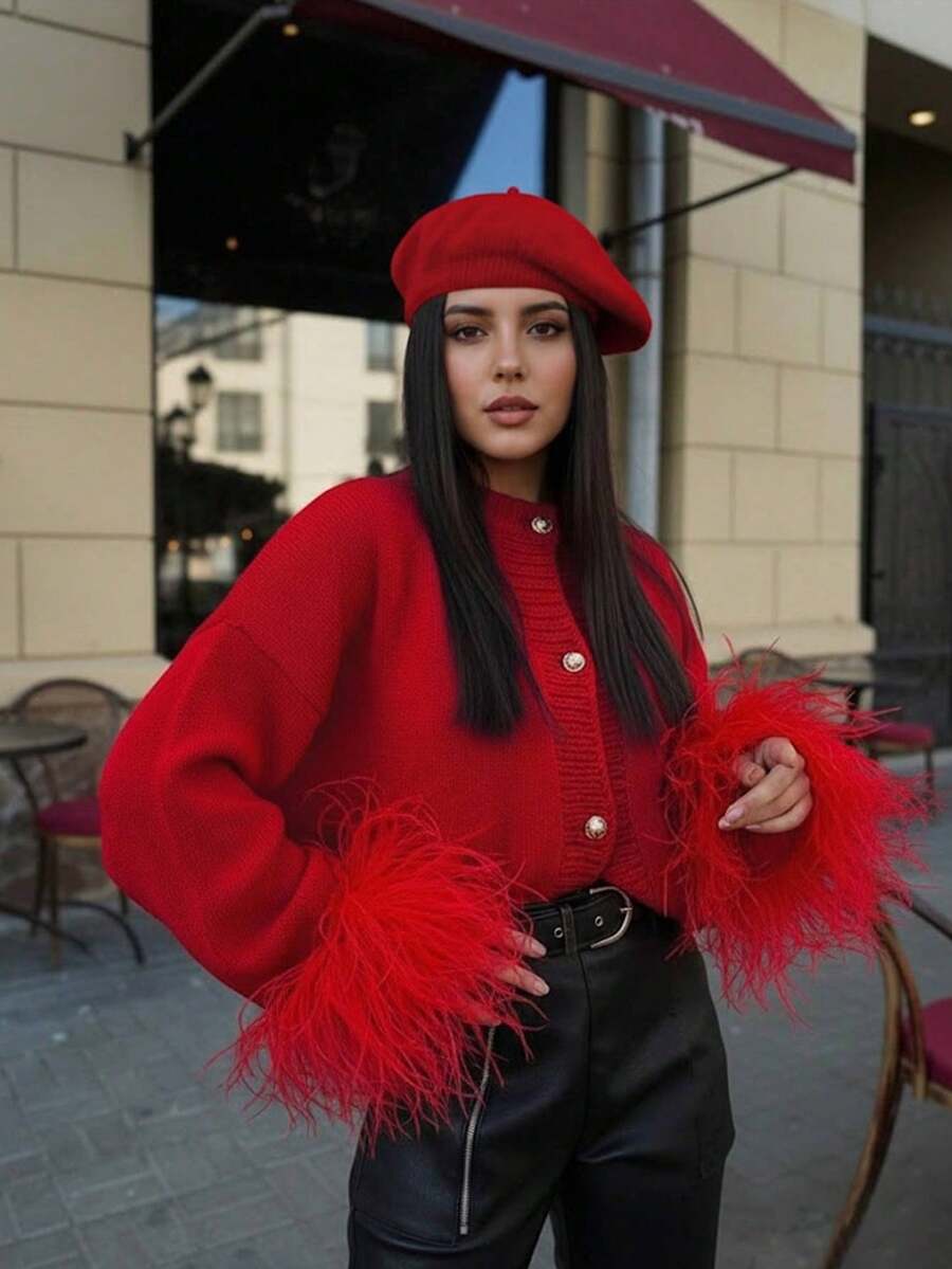 Margaret - Pletený kardigan s peřím 