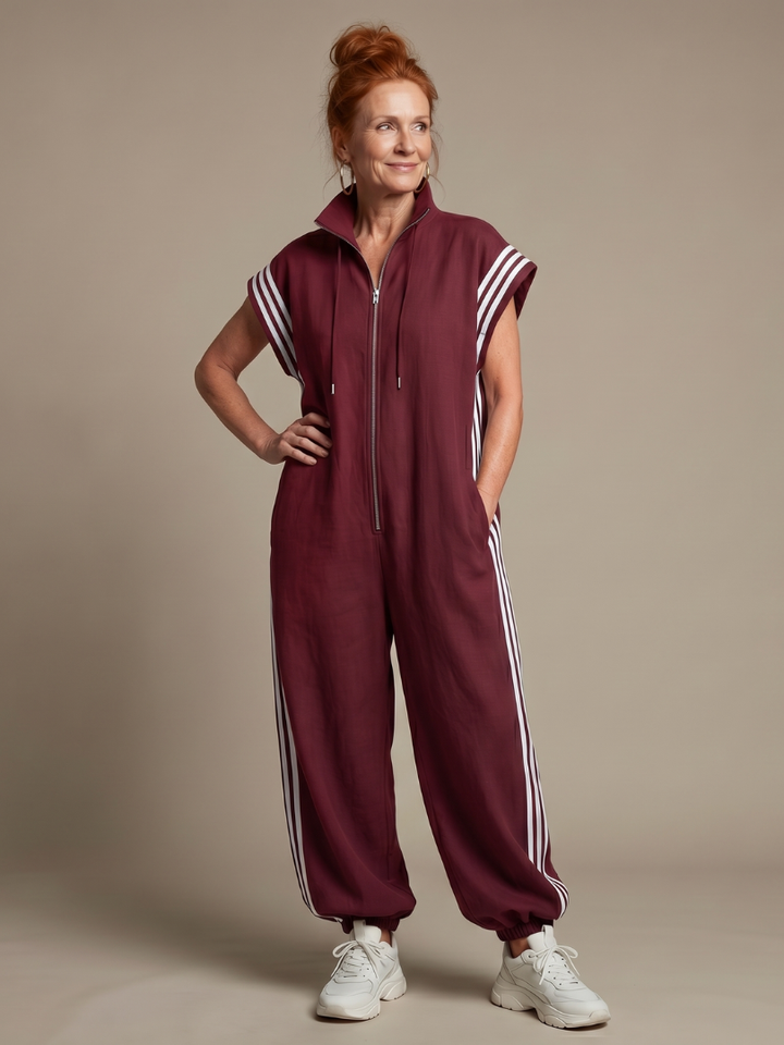 Lark | Jumpsuit s krátkými rukávy, zipem a bočními pruhovanými panely
