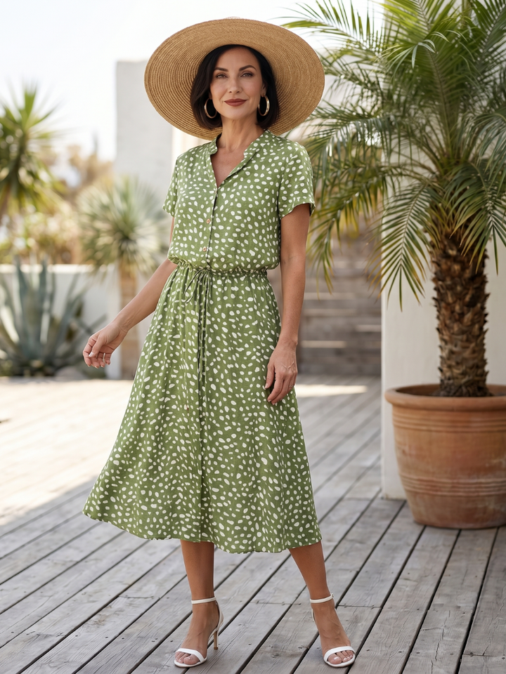 Belladonna | Midi šaty s potiskem, knoflíkovou légou a páskem
