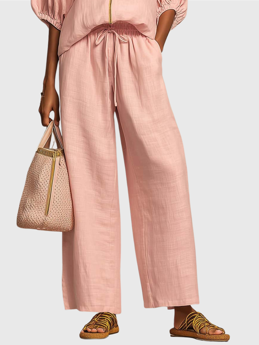 Hailey | Stylový pohodlný set s košilí a širokými kalhotami — lněná bavlna