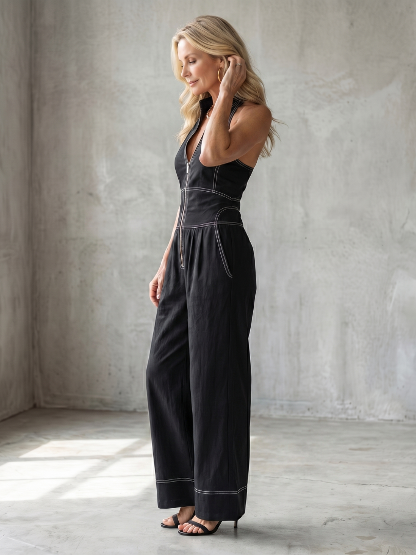 Dara | Jumpsuit s halter výstřihem, zipem a kontrastním stehem