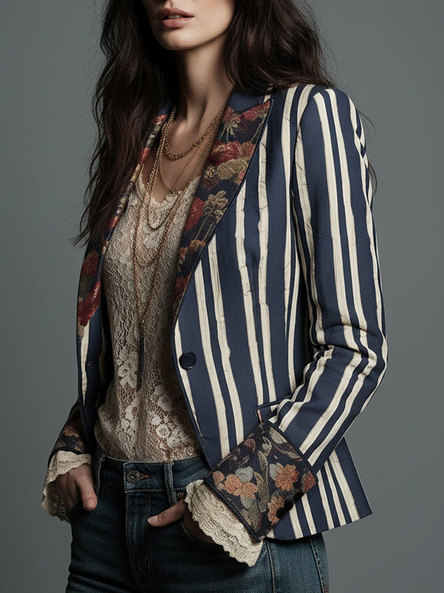 Cindy | Boho Blazer mit floralen Details und Streifen