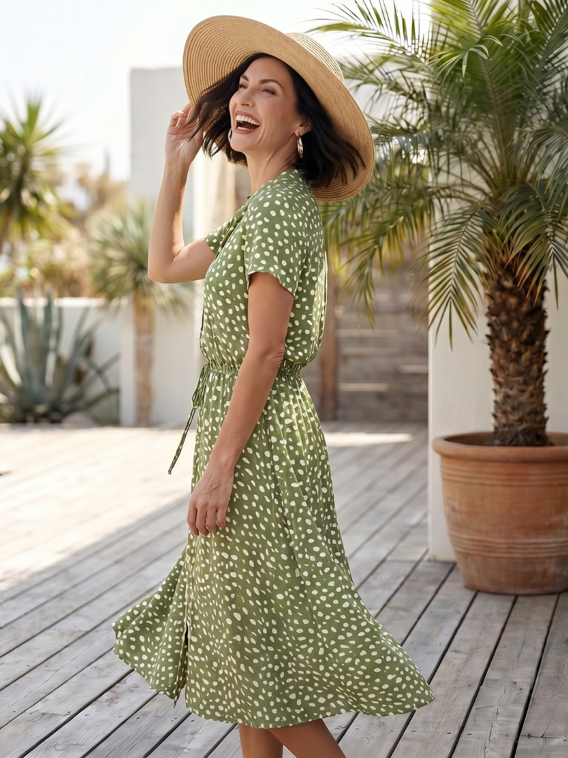 Belladonna | Midi šaty s potiskem, knoflíkovou légou a páskem