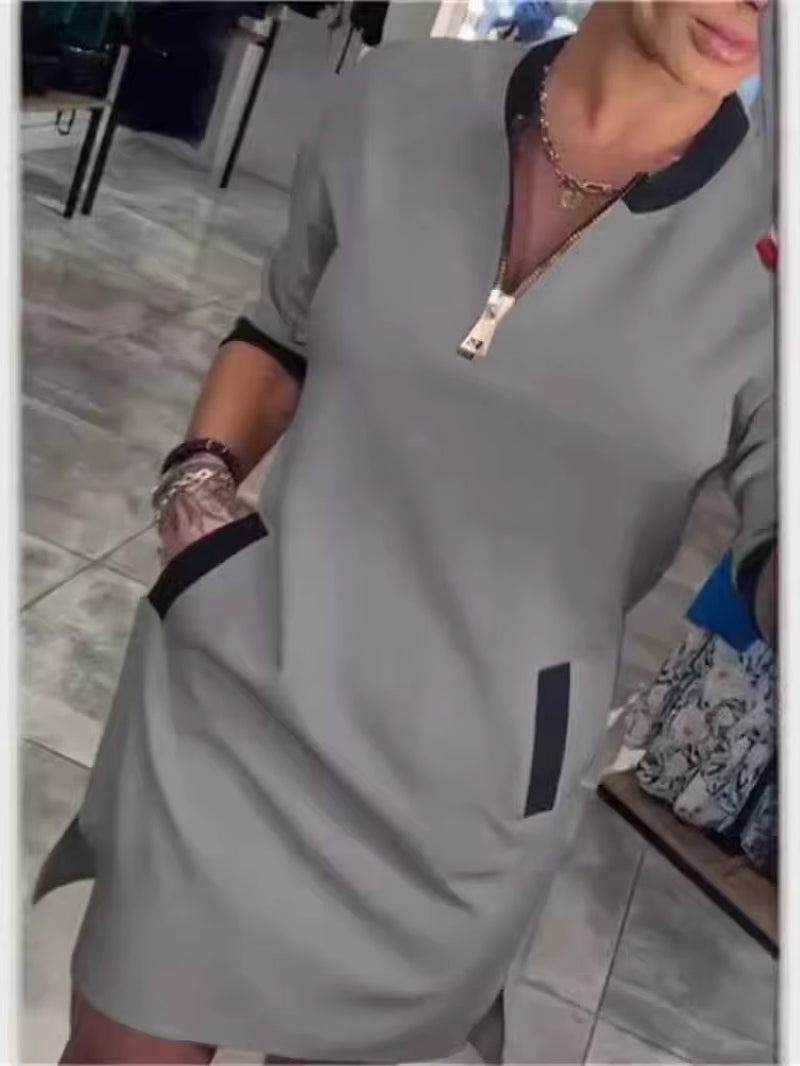 Spring Elegant Women'S Dress Autumn Long Sleeve Zipper O Neck Fashion Dress for Women 2025 Casual Loose Dresses Female