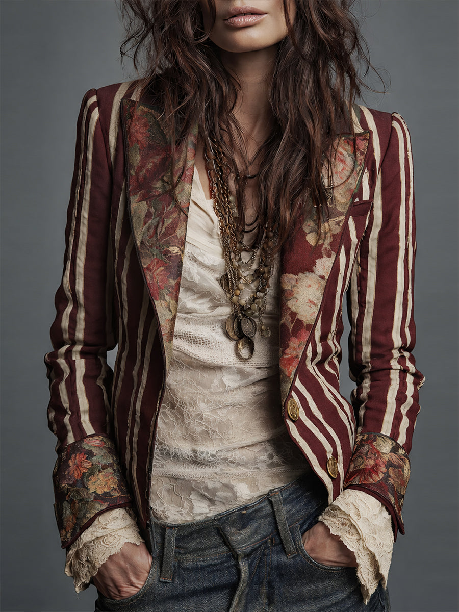 Cindy | Boho Blazer mit floralen Details und Streifen