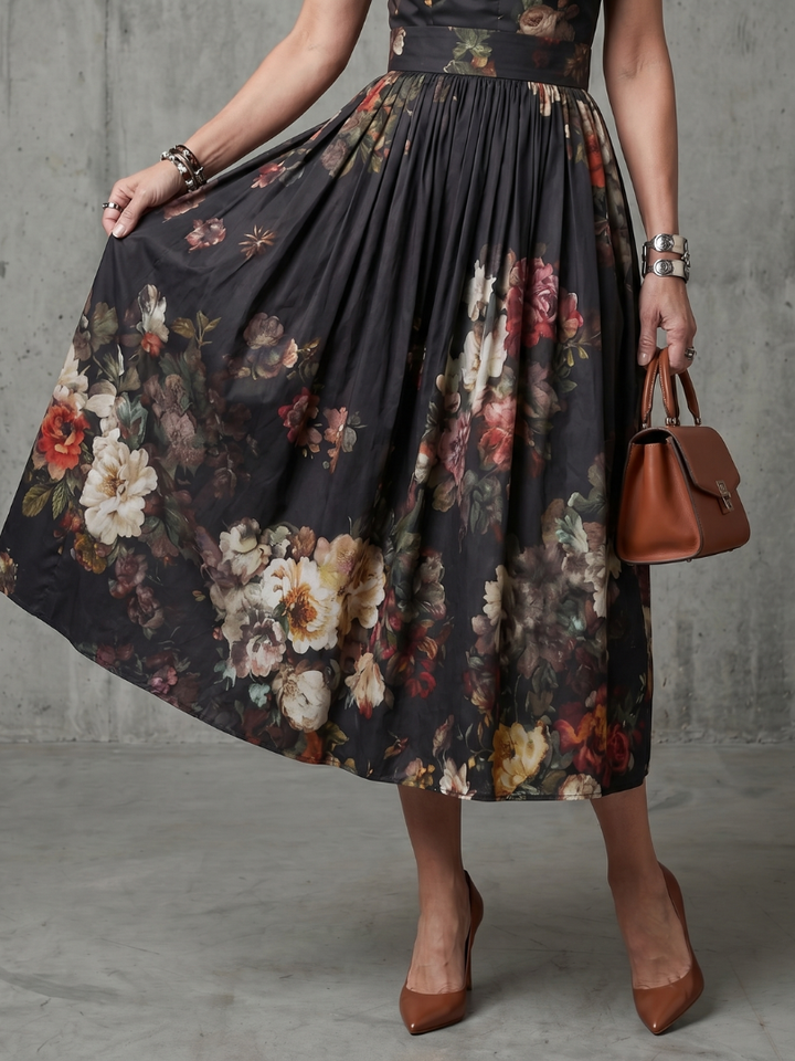 Greta | Elegantní midi šaty s vysokým límcem a plisovanou sukní