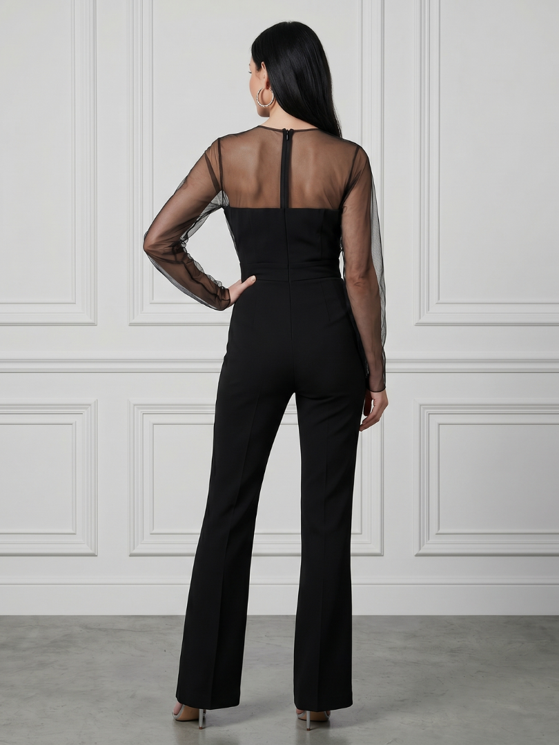 Oksana | Taillovaný jumpsuit s průhlednými rukávy a širokými nohavicemi