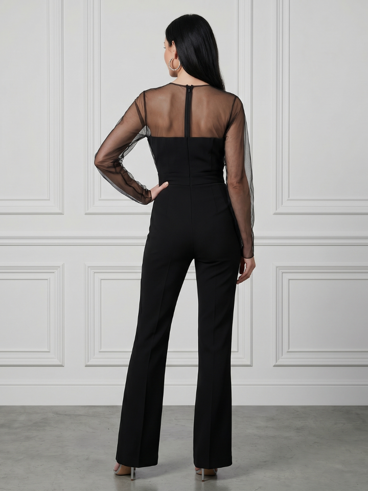 Oksana | Taillovaný jumpsuit s průhlednými rukávy a širokými nohavicemi