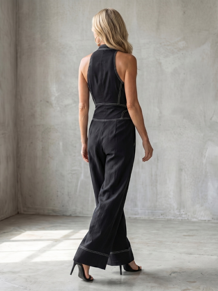 Dara | Jumpsuit s halter výstřihem, zipem a kontrastním stehem