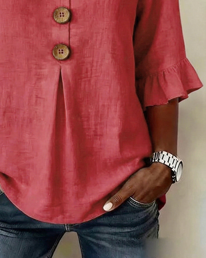 Sophia | Halena z bavlny a lnu se dřevěnými knoflíky a volány